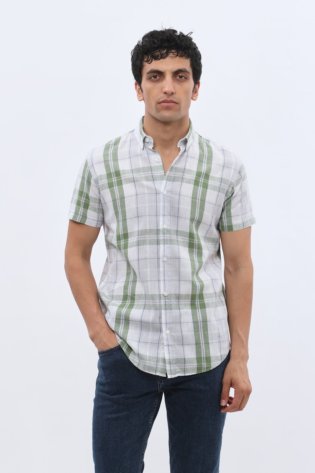 قميص كاروهات بأكمام قصيرة وقبة بأزرار من SHIRTSPRO - لون أخضر
