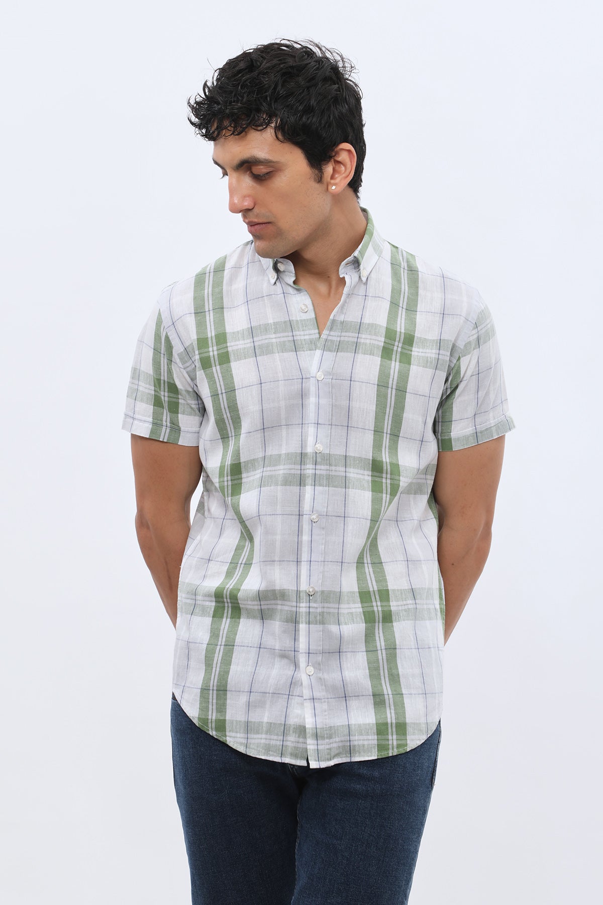 قميص كاروهات بأكمام قصيرة وقبة بأزرار من SHIRTSPRO - لون أخضر
