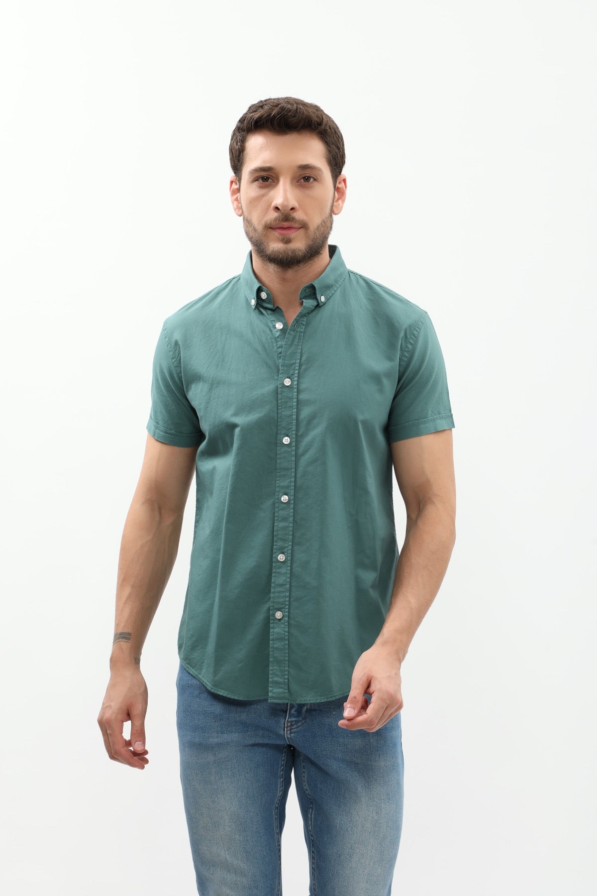 قميص أكسفورد بأكمام قصيرة وقبة بأزرار من SHIRTSPRO - لون أخضر عتيق
