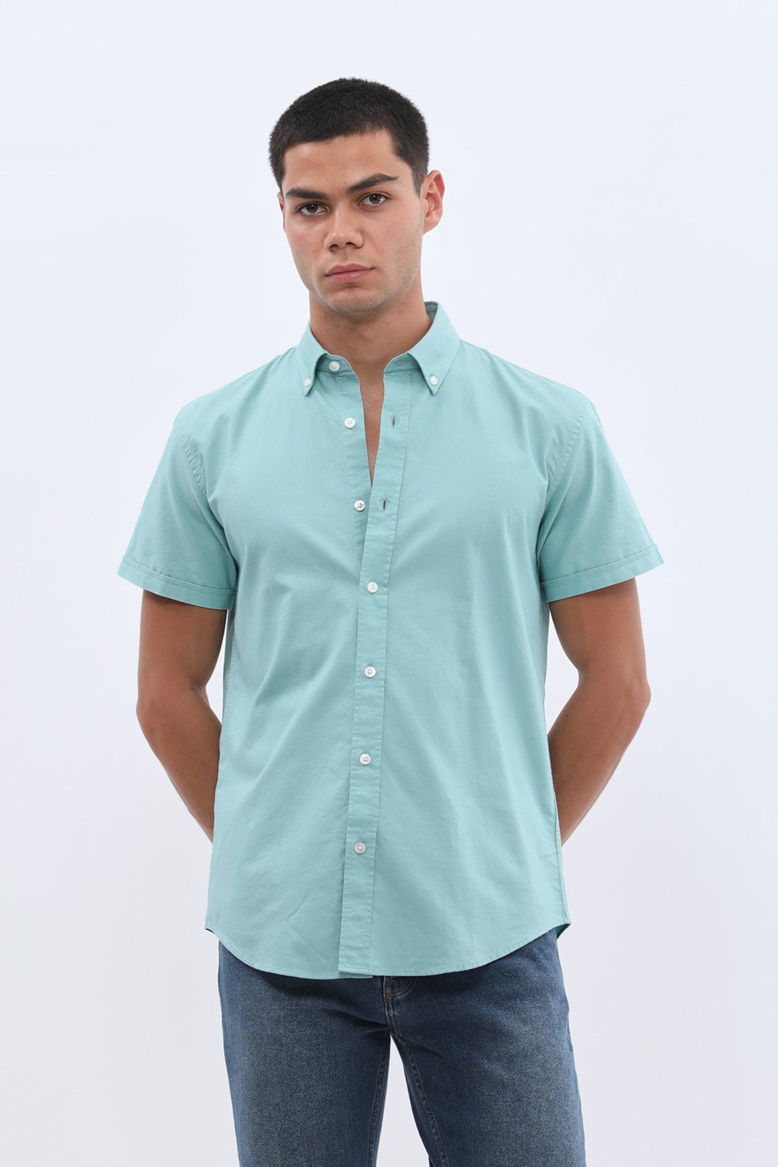 قميص أكسفورد مخطط بأكمام قصيرة وقبة بأزرار من SHIRTSPRO - لون أزرق باهت