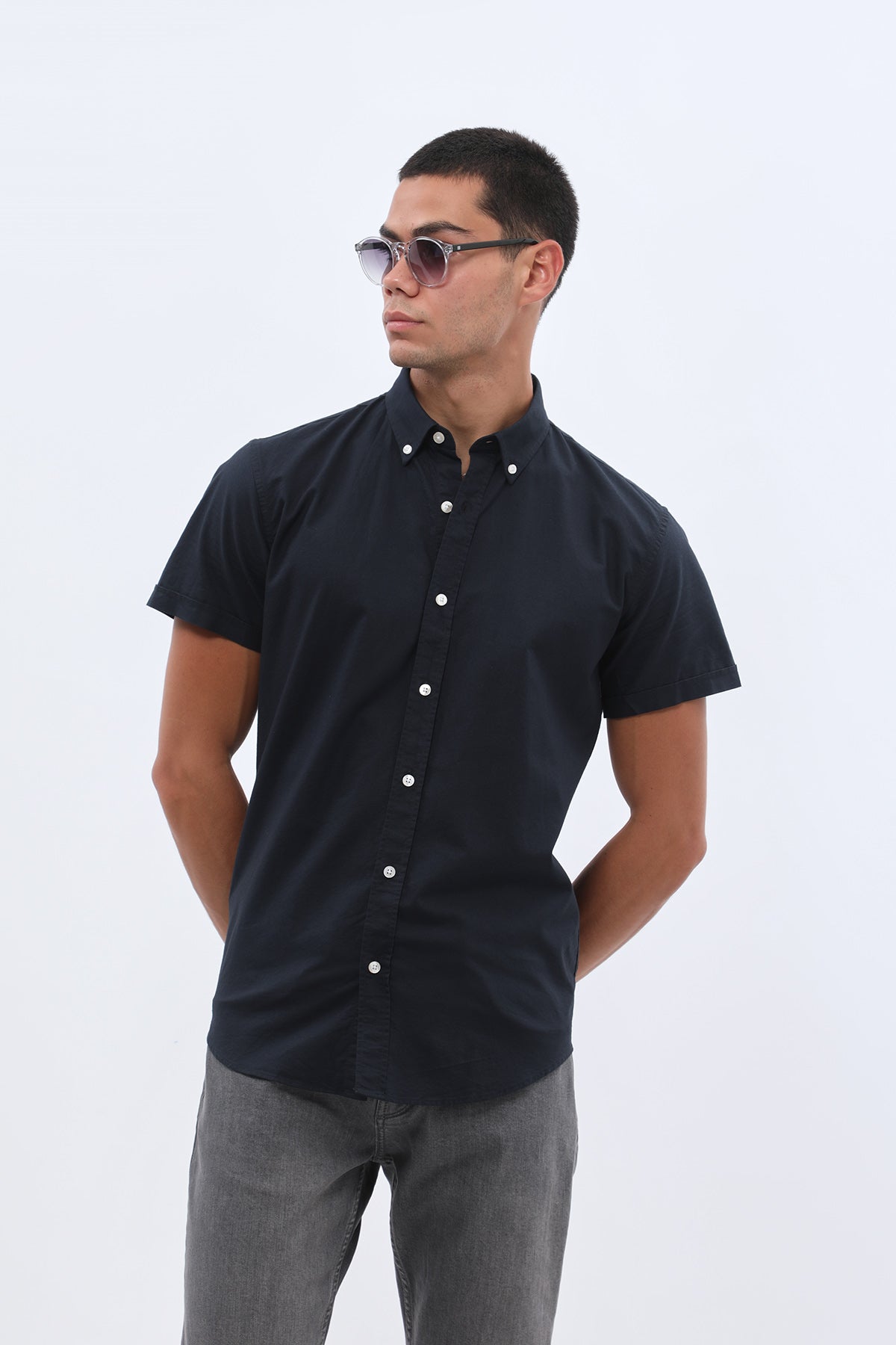 قميص أكسفورد بأكمام قصيرة وقبة بأزرار من SHIRTSPRO - لون كحلي