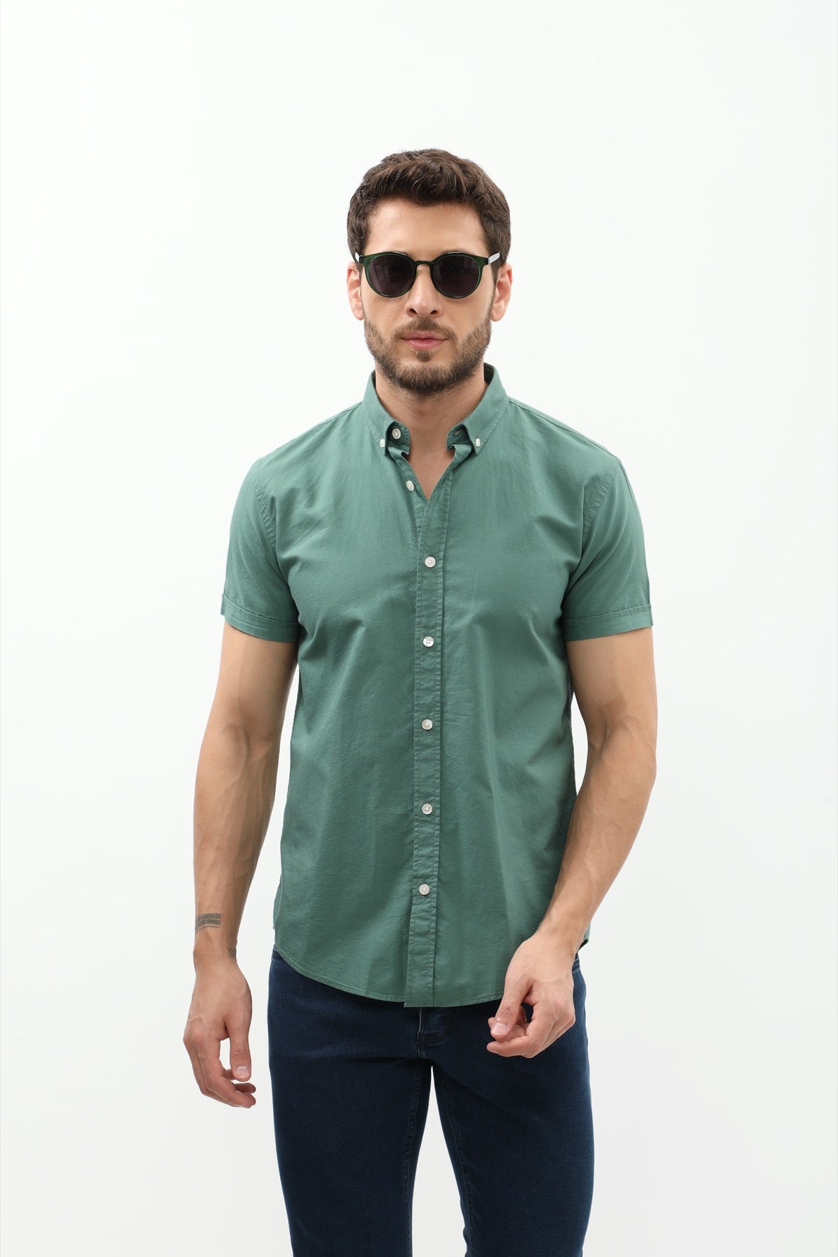 قميص أكسفورد بأكمام قصيرة وقبة بأزرار من SHIRTSPRO - لون أخضر رمادي