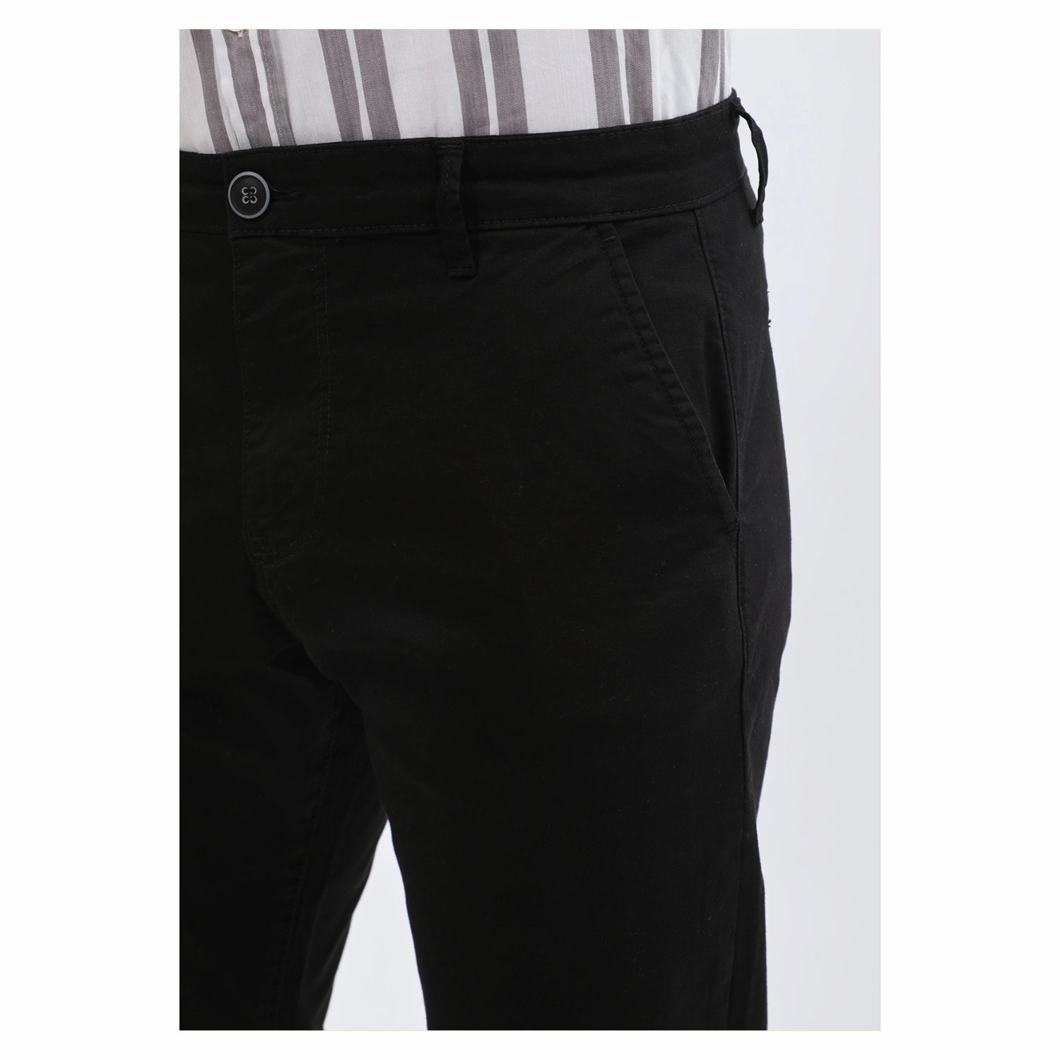 Black men's chino pants styled with striped shirt – Smart-casual look from BagyBagy.