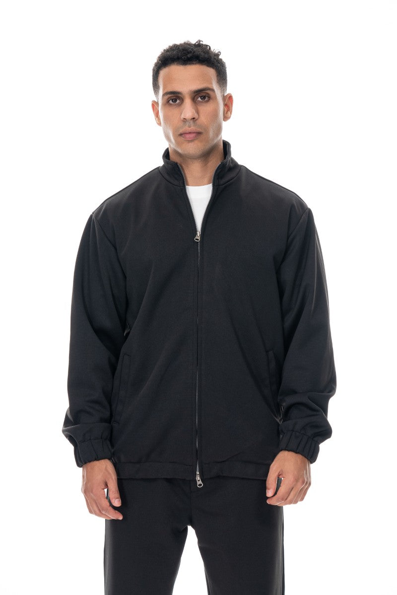 جاكيت رياضي بسحاب أمامي بقصة مريحة - أسود