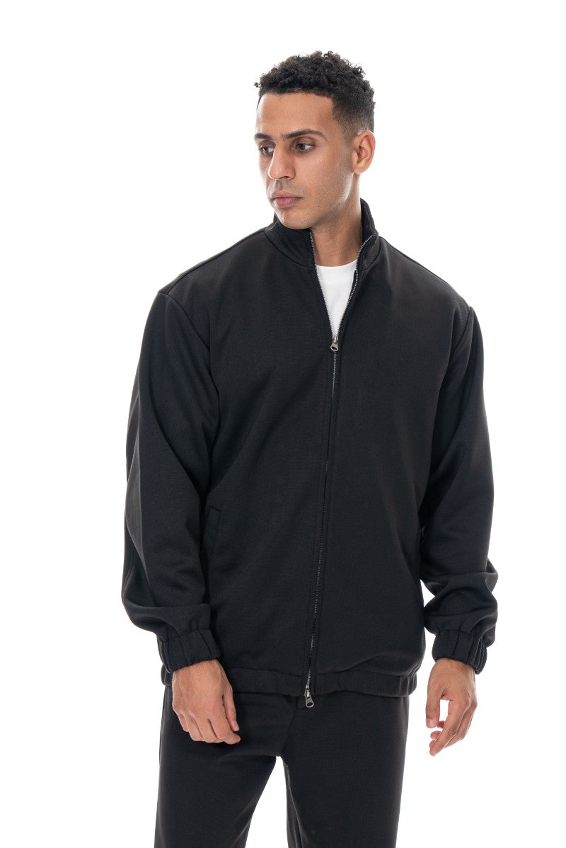 جاكيت رياضي بسحاب أمامي بقصة مريحة - أسود