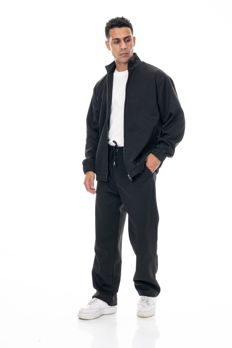 جاكيت رياضي بسحاب أمامي بقصة مريحة - أسود