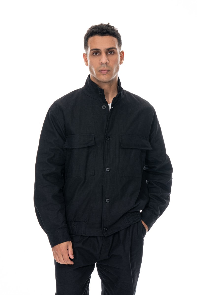 جاكيت قطني عملي بقصة مريحة - أسود