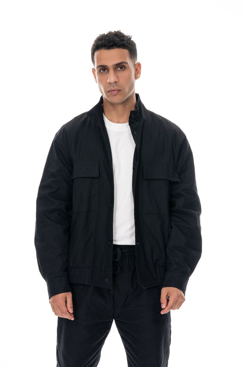 جاكيت قطني عملي بقصة مريحة - أسود