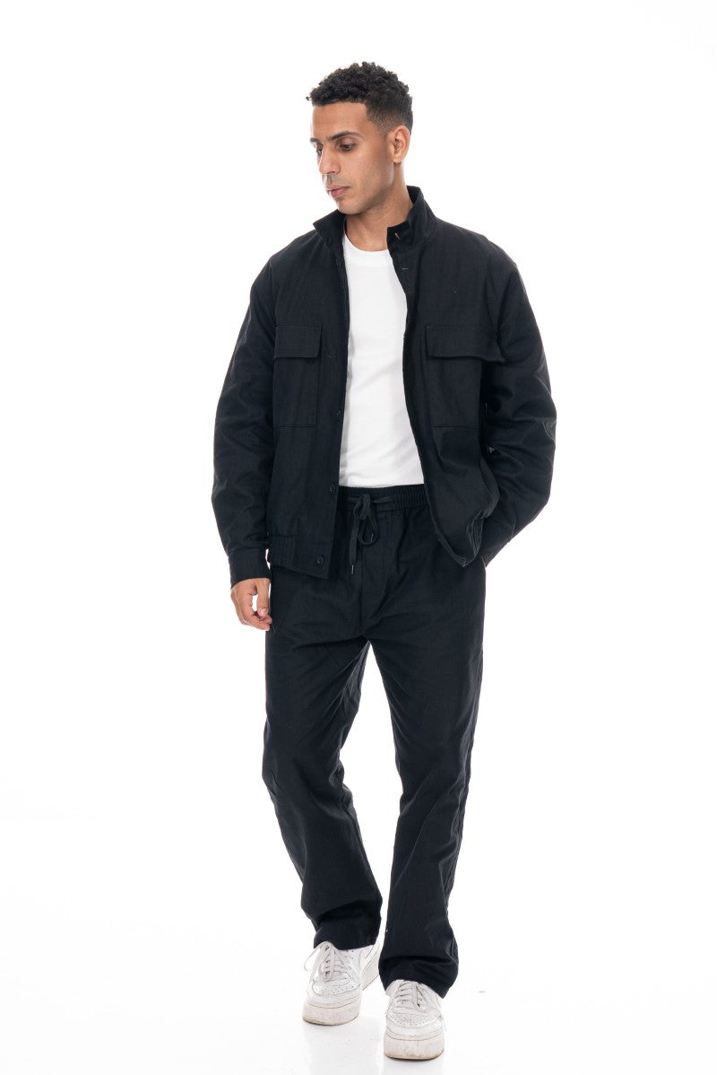 جاكيت قطني عملي بقصة مريحة - أسود