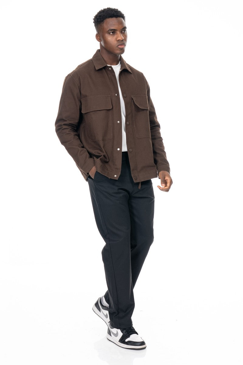 جاكيت قطني عملي بقصة مريحة - بني