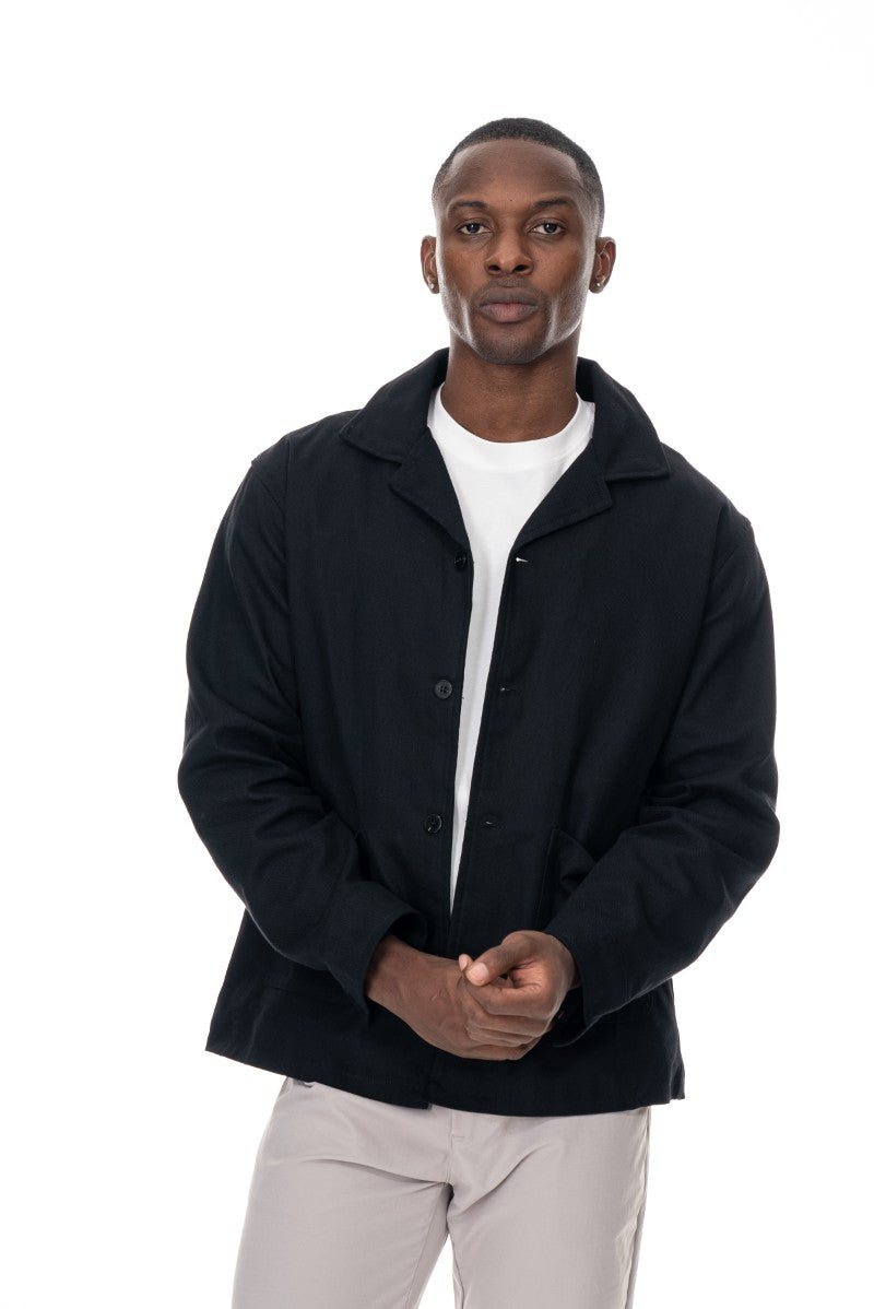 جاكيت قطني بأزرار وقصة مريحة - أسود