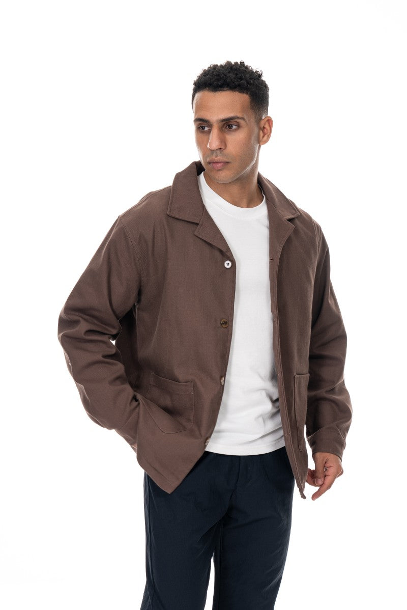 جاكيت قطني بأزرار بقصة مريحة - بني