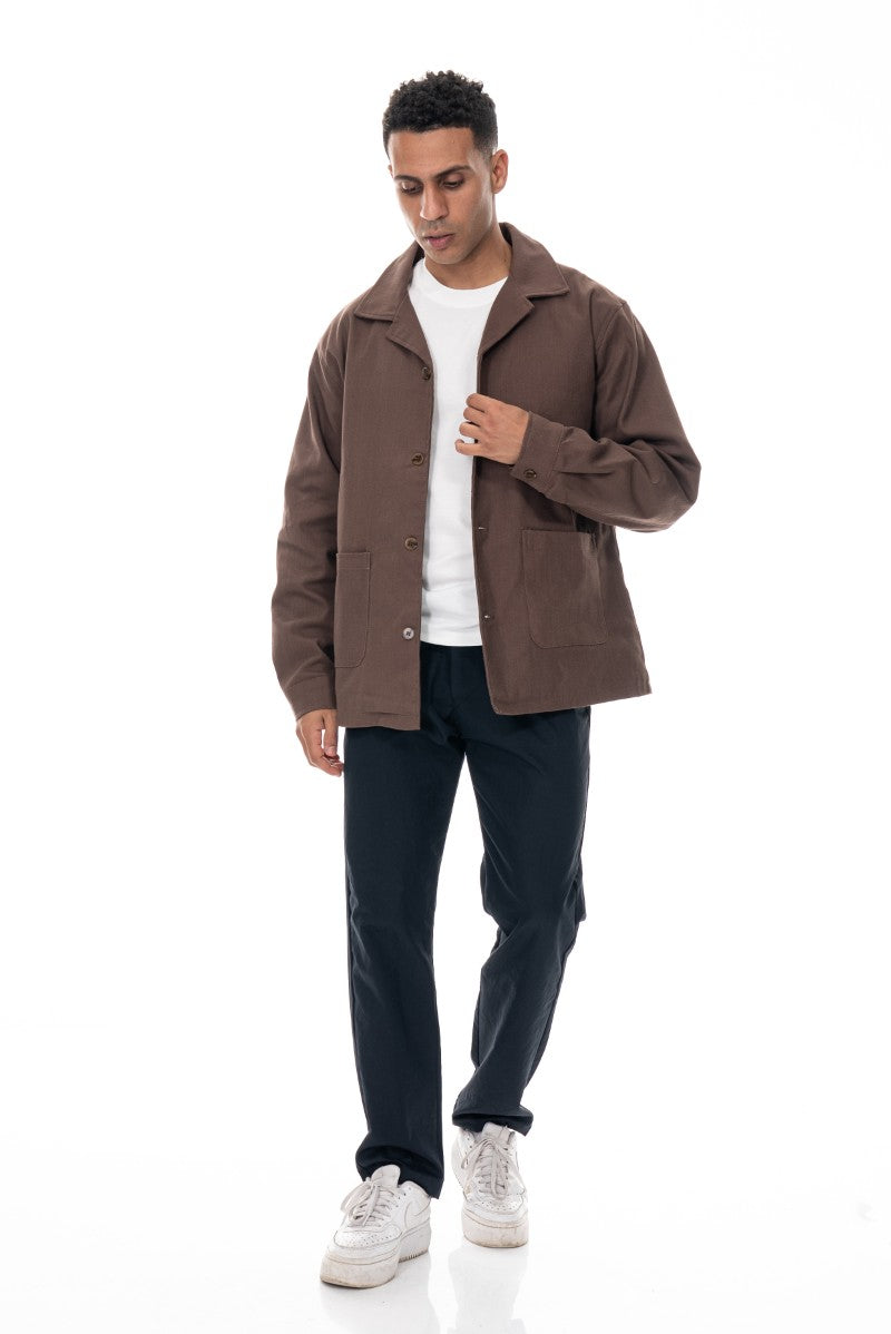 جاكيت قطني بأزرار بقصة مريحة - بني