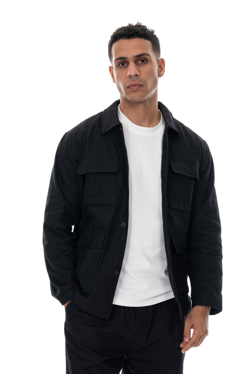 جاكيت قطني عملي بقصة مريحة - أسود