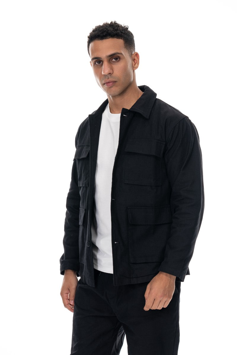 جاكيت قطني عملي بقصة مريحة - أسود