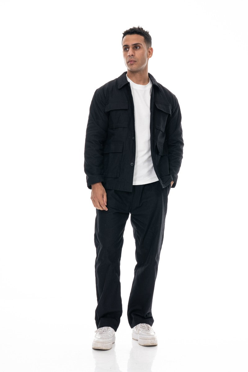 جاكيت قطني عملي بقصة مريحة - أسود