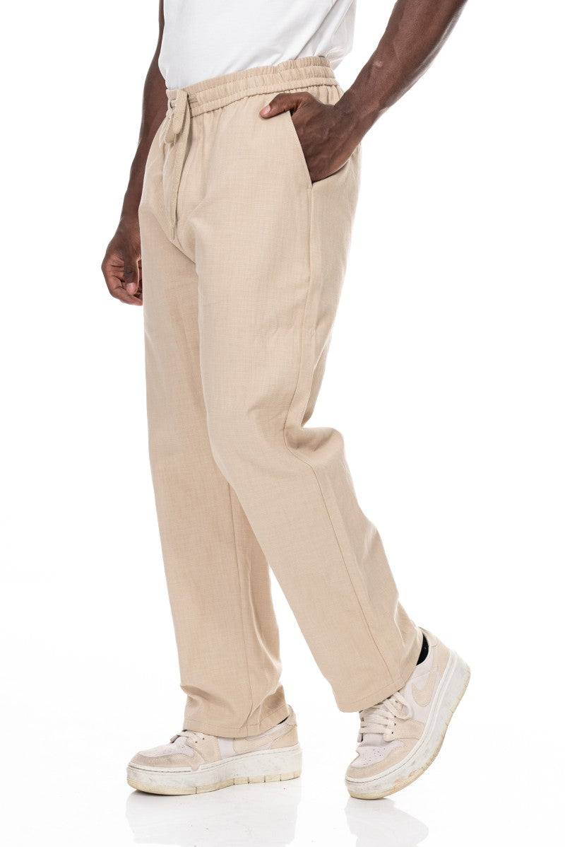 بنطال قطني برباط بقصة مريحة - بيج
