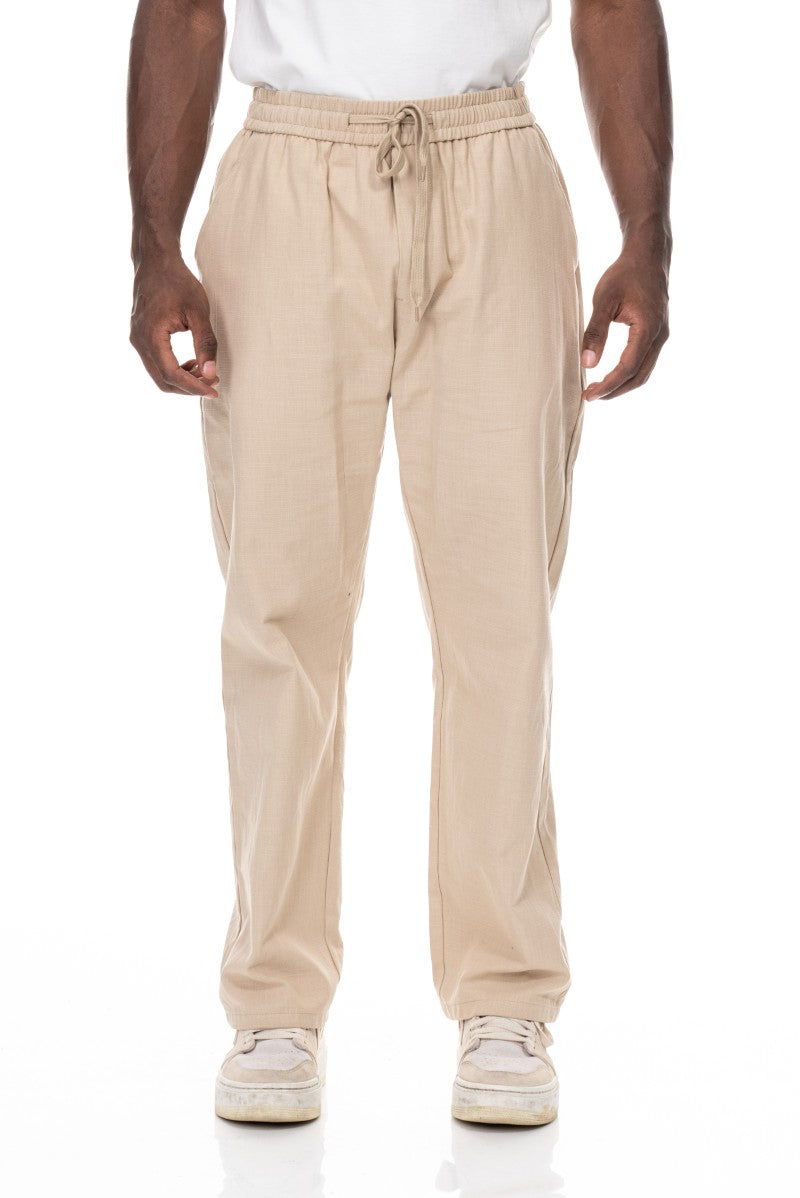 بنطال قطني برباط بقصة مريحة - بيج
