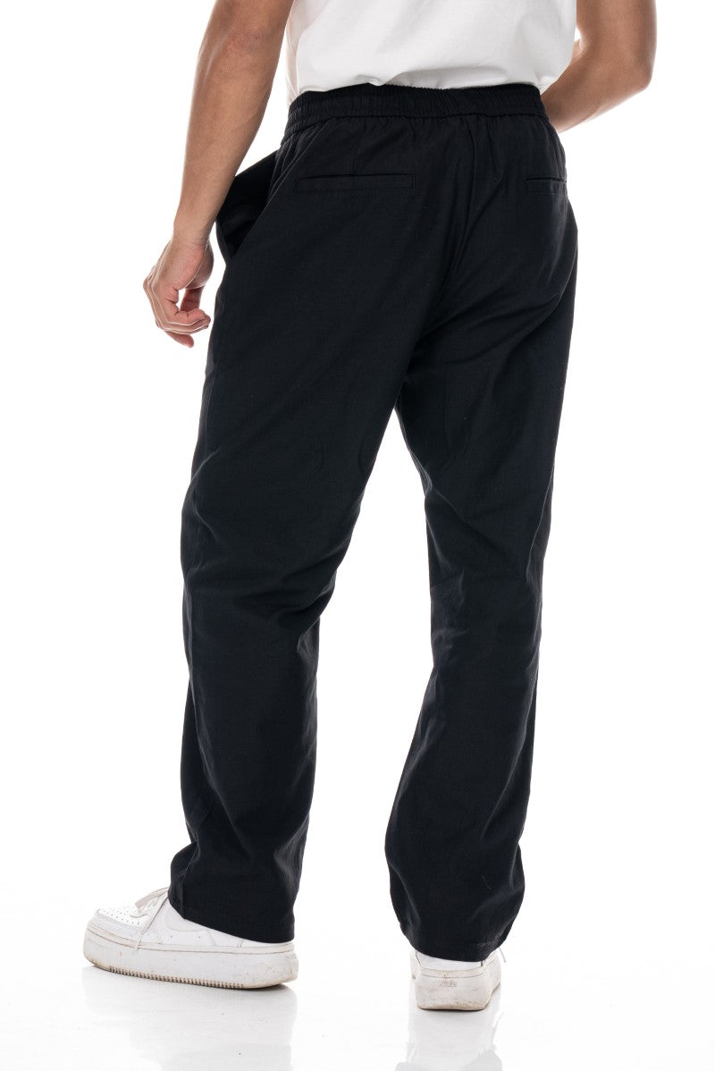 بنطال قطني برباط بقصة مريحة - أسود