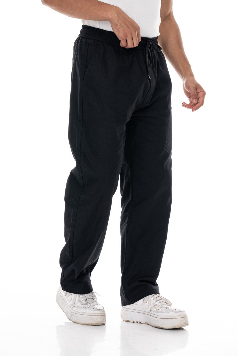 بنطال قطني برباط بقصة مريحة - أسود