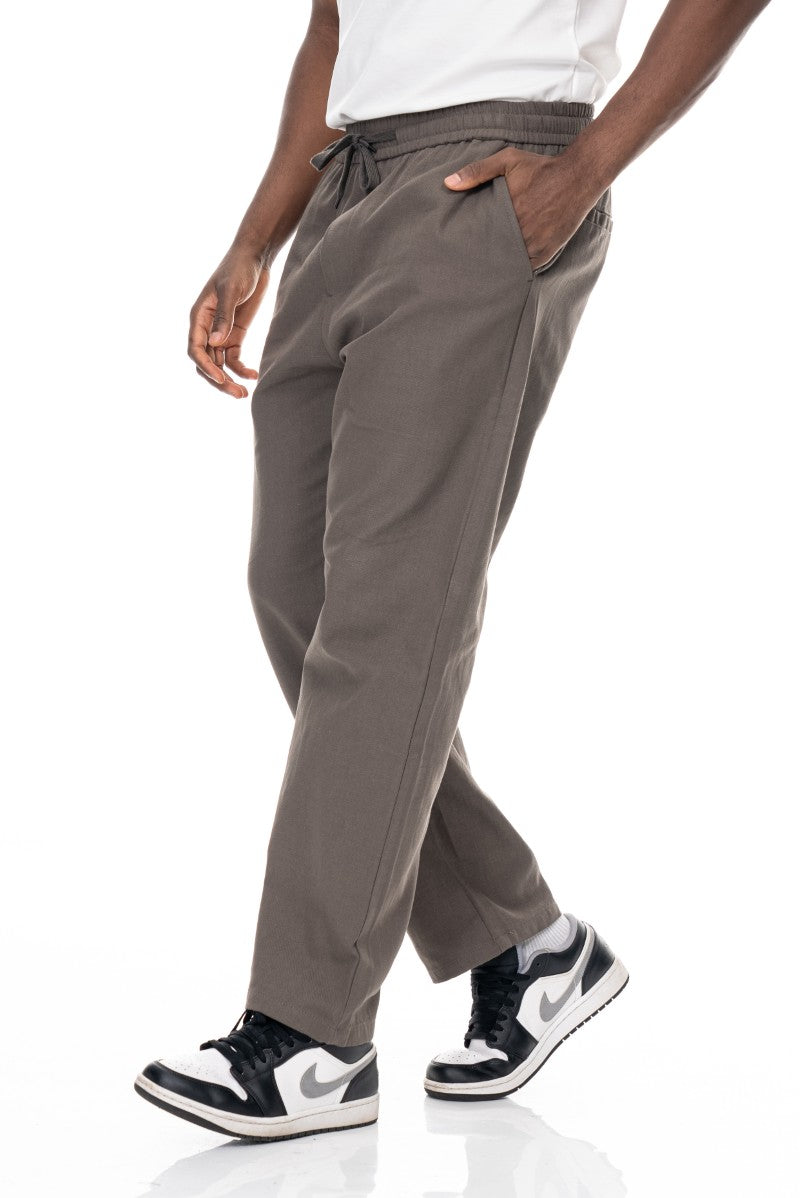 بنطال قطني برباط بقصة مريحة - رمادي