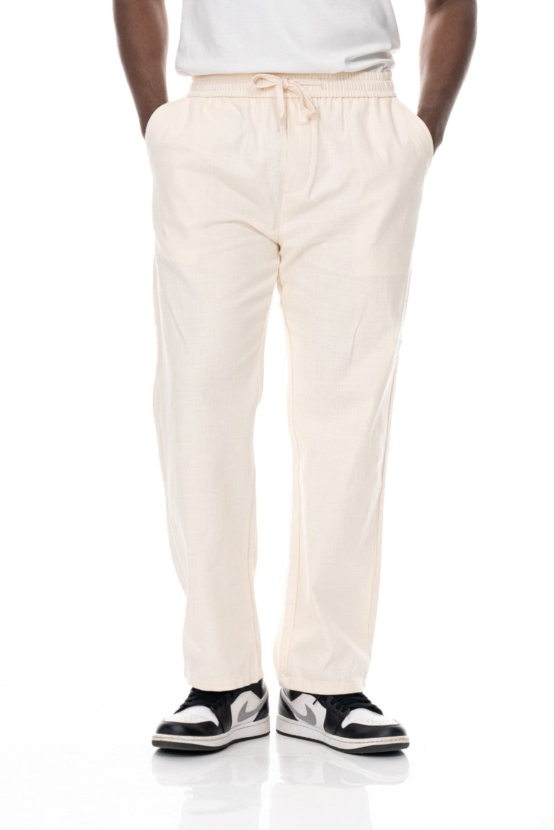 بنطال قطني برباط بقصة مريحة - لون أبيض كريمي