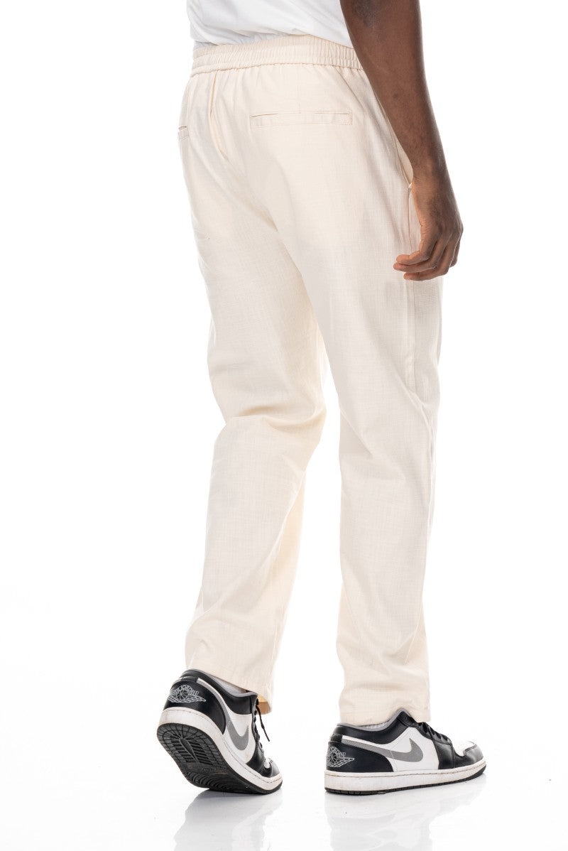 بنطال قطني برباط بقصة مريحة - لون أبيض كريمي