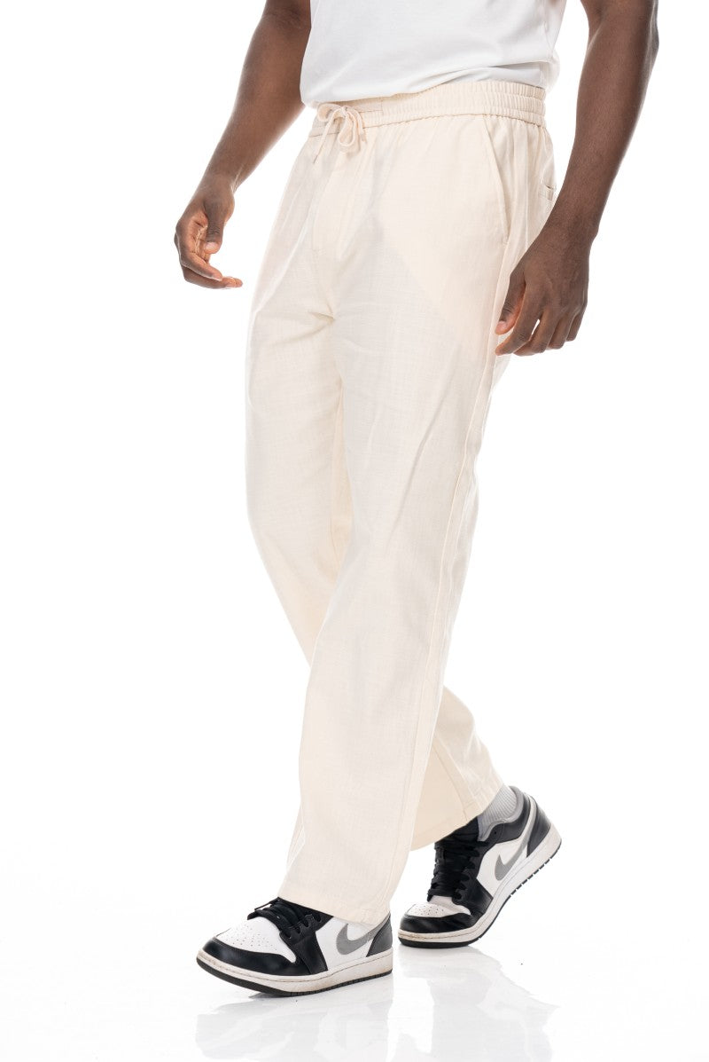 بنطال قطني برباط بقصة مريحة - لون أبيض كريمي