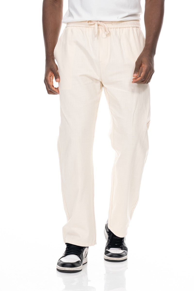 بنطال قطني برباط بقصة مريحة - لون أبيض كريمي