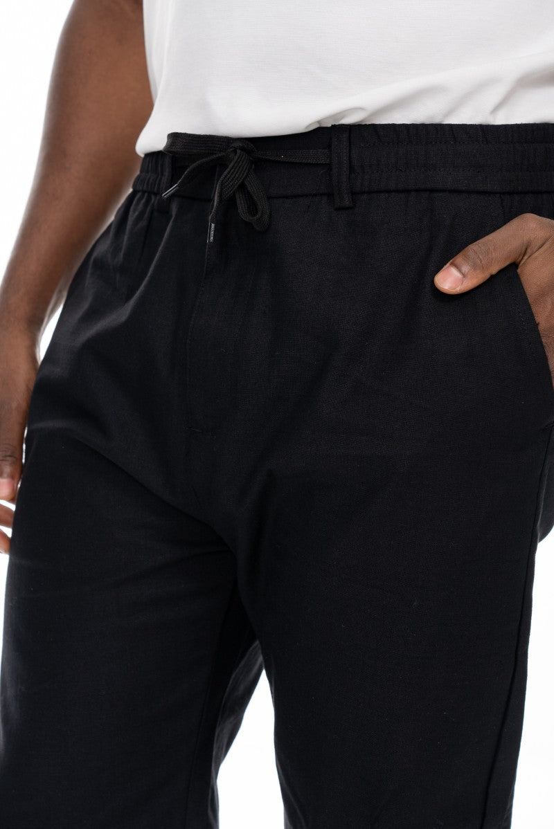 بنطال قطني برباط بقصة مريحة - أسود