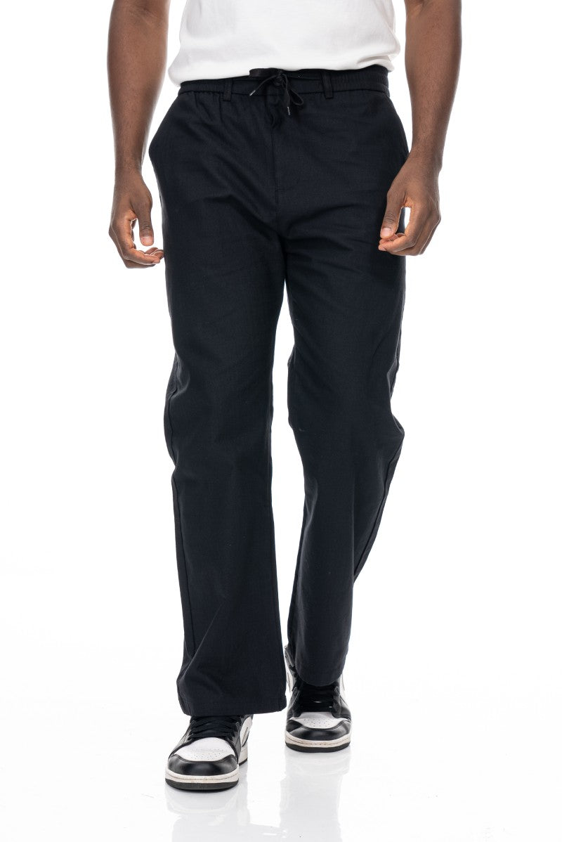 بنطال قطني برباط بقصة مريحة - أسود