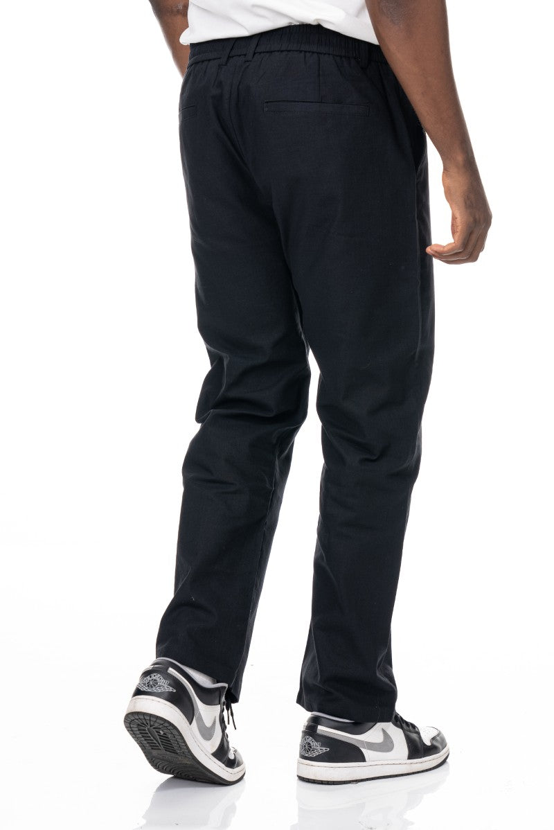 بنطال قطني برباط بقصة مريحة - أسود