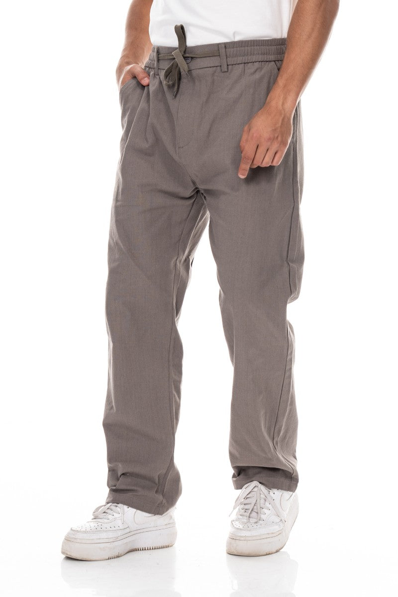 بنطال قطني برباط بقصة مريحة - رمادي