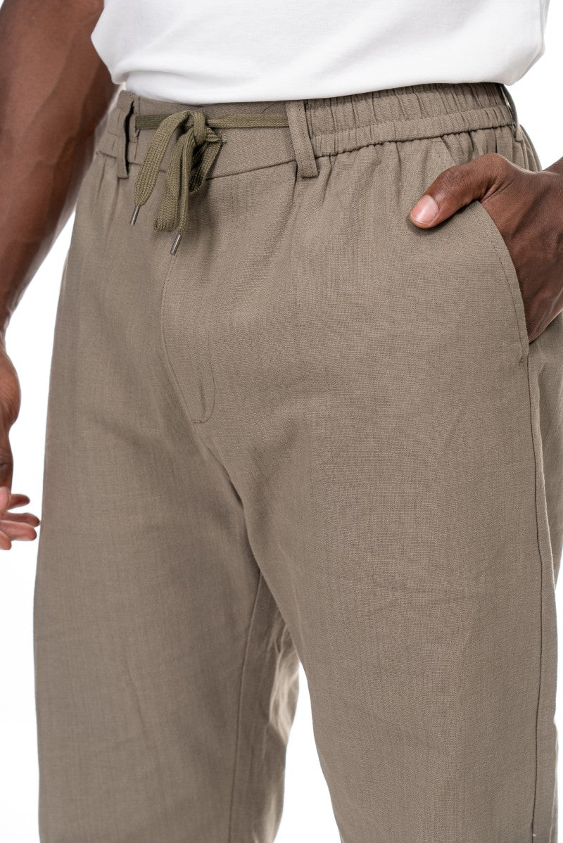 بنطال قطني برباط بقصة مريحة - كاكي