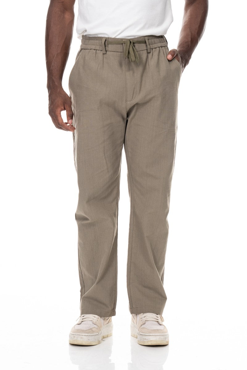 بنطال قطني برباط بقصة مريحة - كاكي