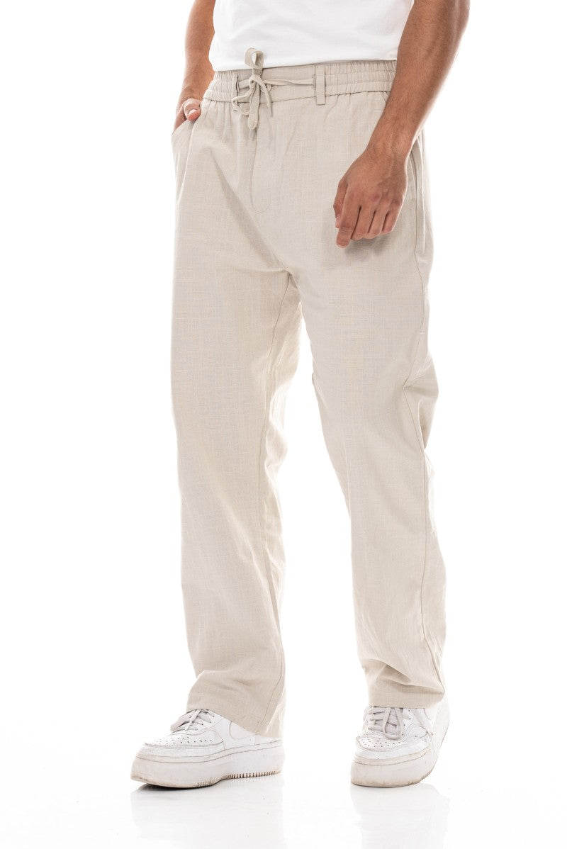 بنطال قطني برباط بقصة مريحة - لون حجري