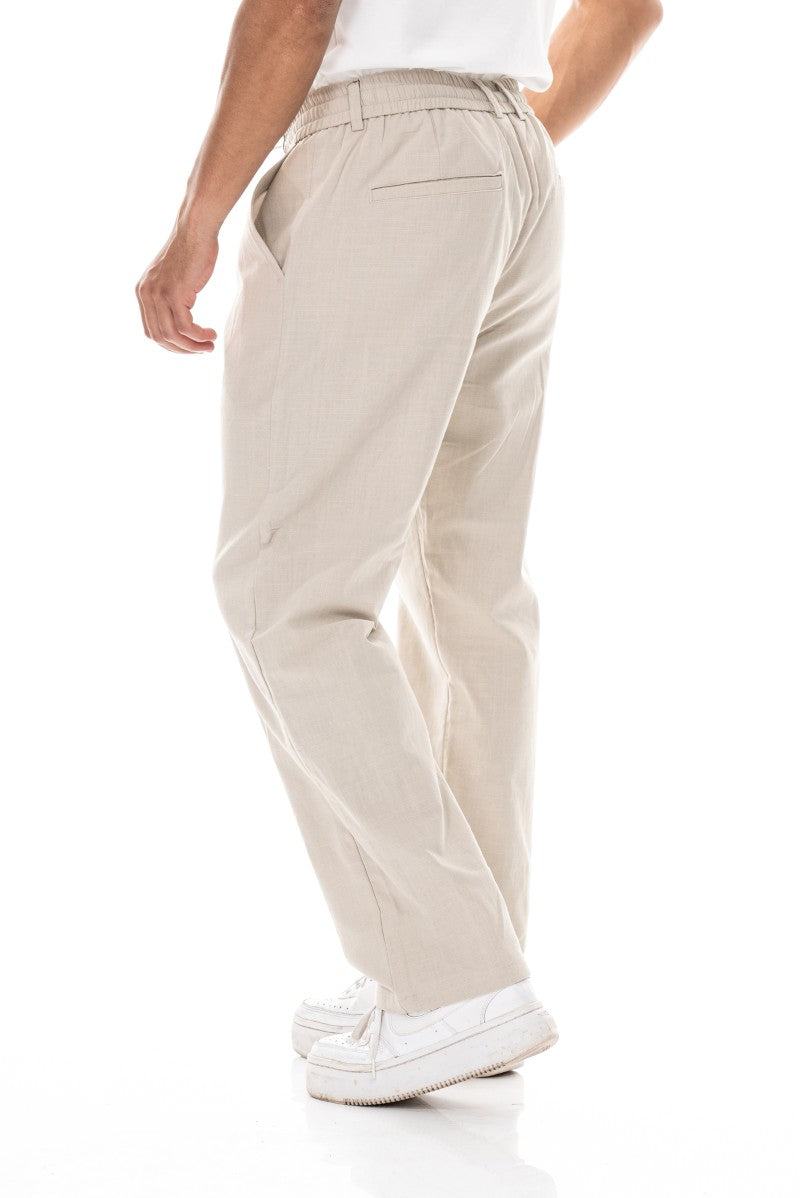 بنطال قطني برباط بقصة مريحة - لون حجري