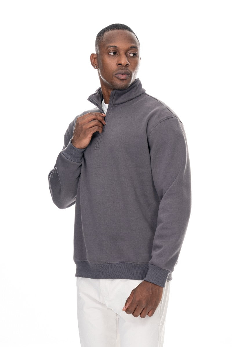 سويت شيرت قطني بنصف سحاب - رمادي داكن