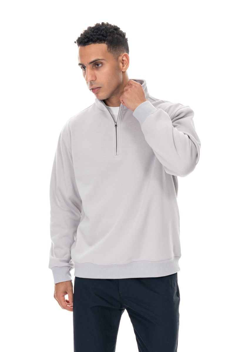 سويت شيرت قطني بنصف سحاب - رمادي فاتح