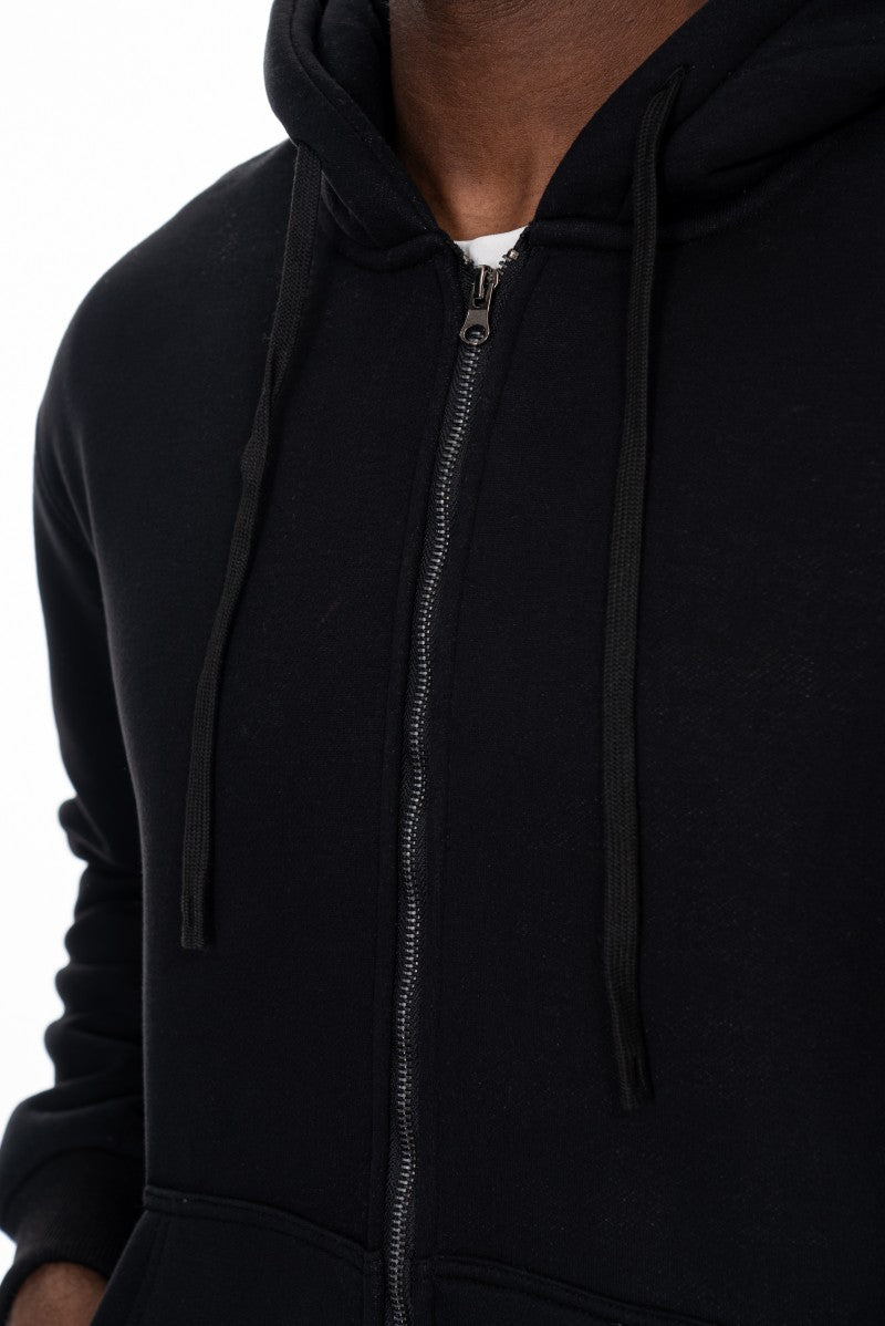 سترة بغطاء رأس قطنية أساسية بسحاب - أسود