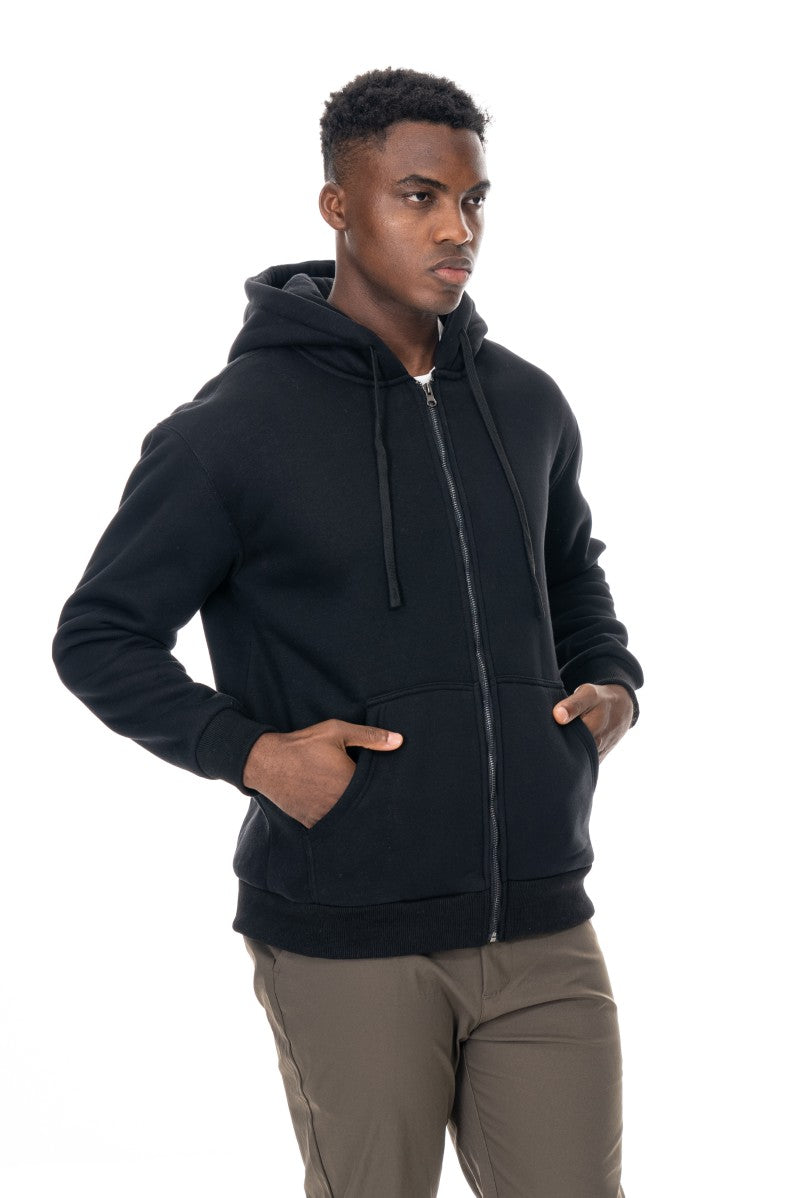 سترة بغطاء رأس قطنية أساسية بسحاب - أسود