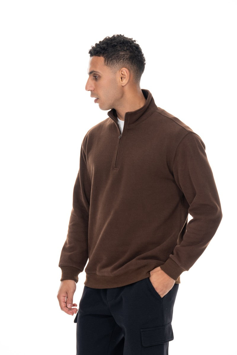 سويت شيرت أساسي بنصف سحاب - بني