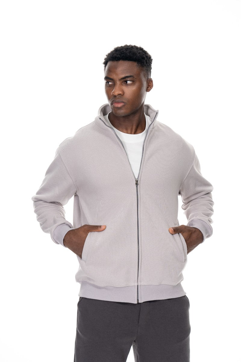 جاكيت قطني بسحاب وياقة عالية - رمادي فاتح