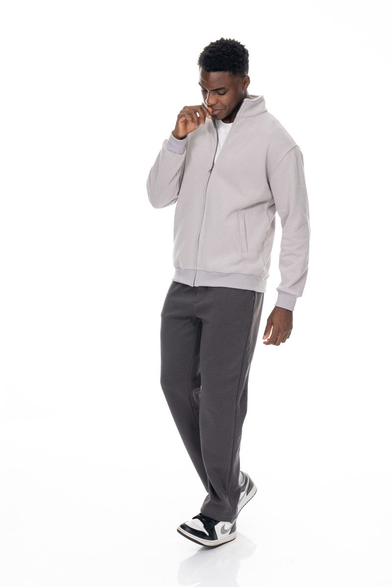 جاكيت قطني بسحاب وياقة عالية - رمادي فاتح