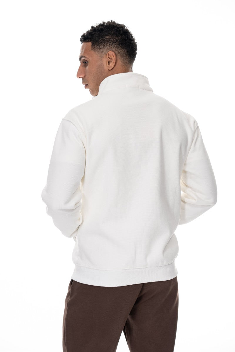 جاكيت قطني بسحاب وياقة عالية - أبيض كريمي