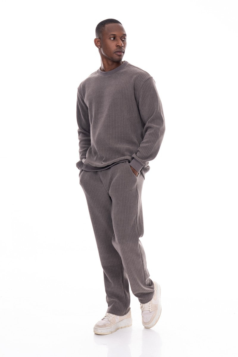 طقم سويت شيرت وبنطال رياضي منقوش - رمادي