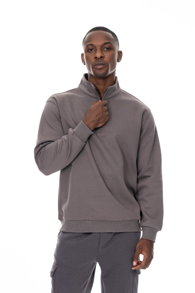 سويت شيرت قطني بنصف سحاب - رمادي