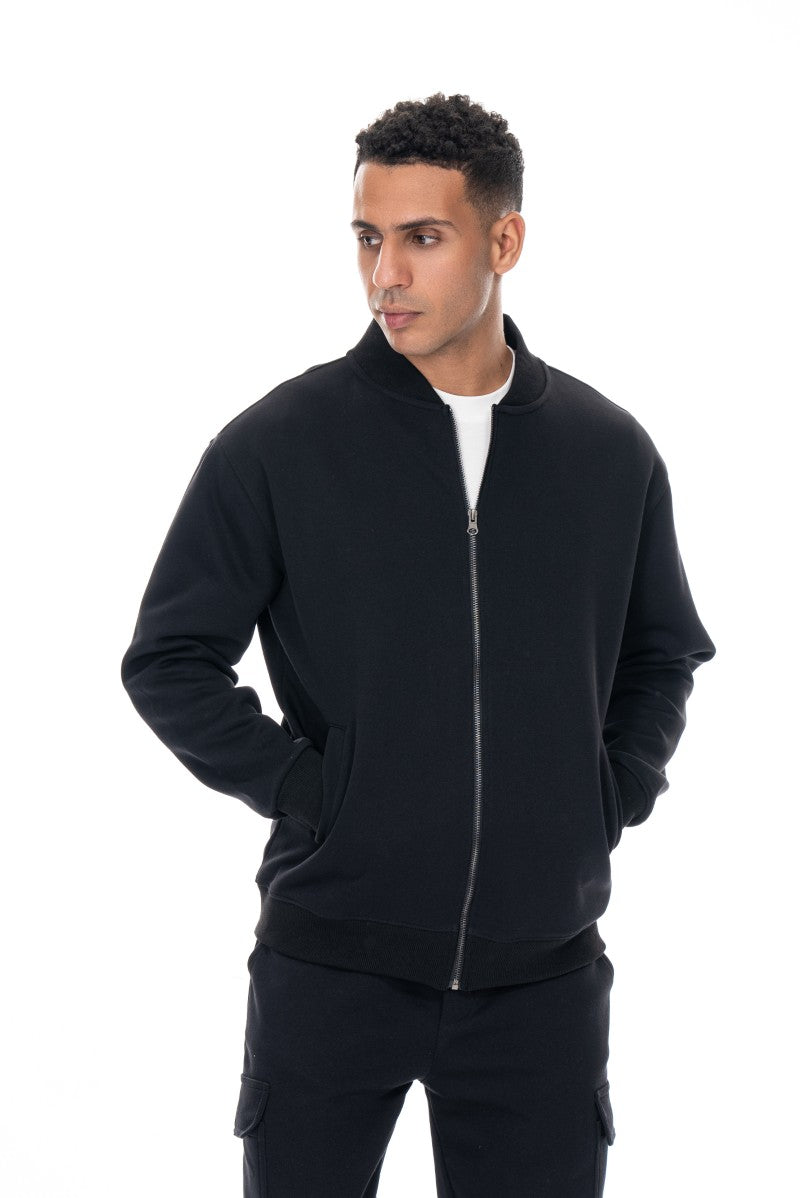 جاكيت قطني بسحاب وياقة عالية - أسود