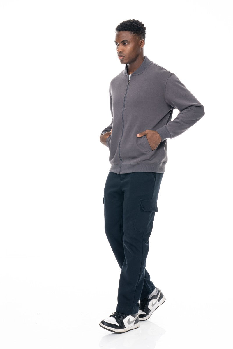 جاكيت قطني بسحاب وياقة عالية - رمادي داكن