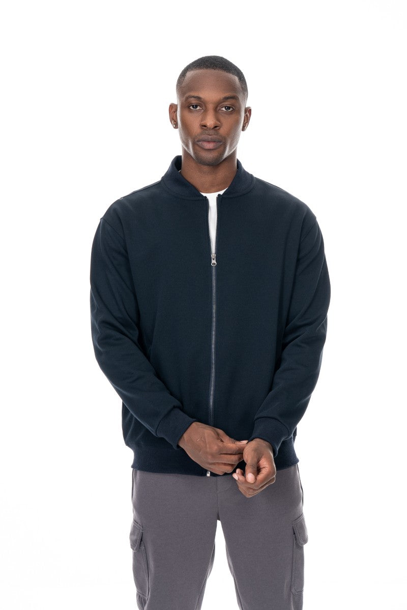 جاكيت قطني بسحاب وياقة عالية - كحلي